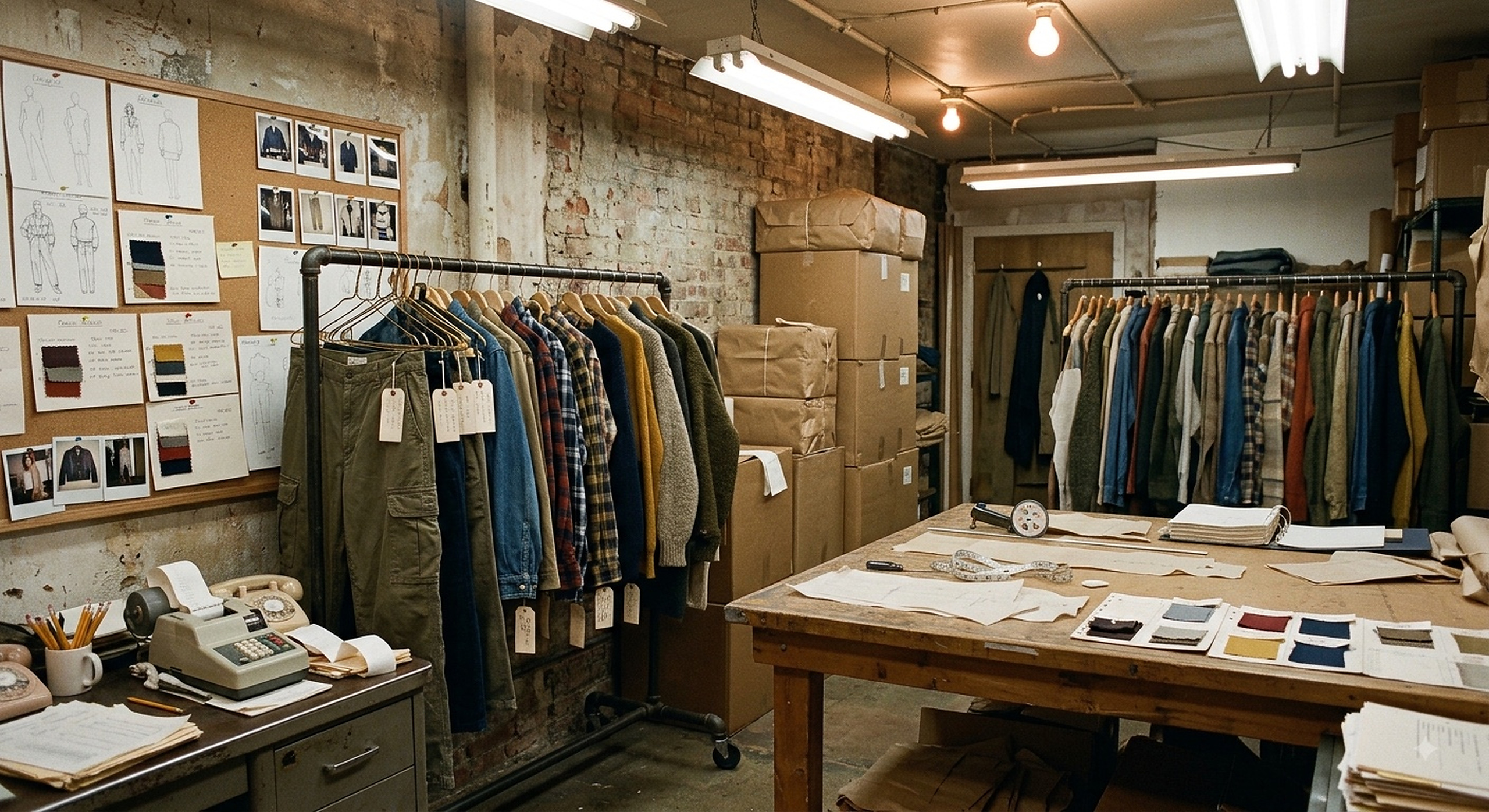 Apparel development room with samples, swatches and garment racks