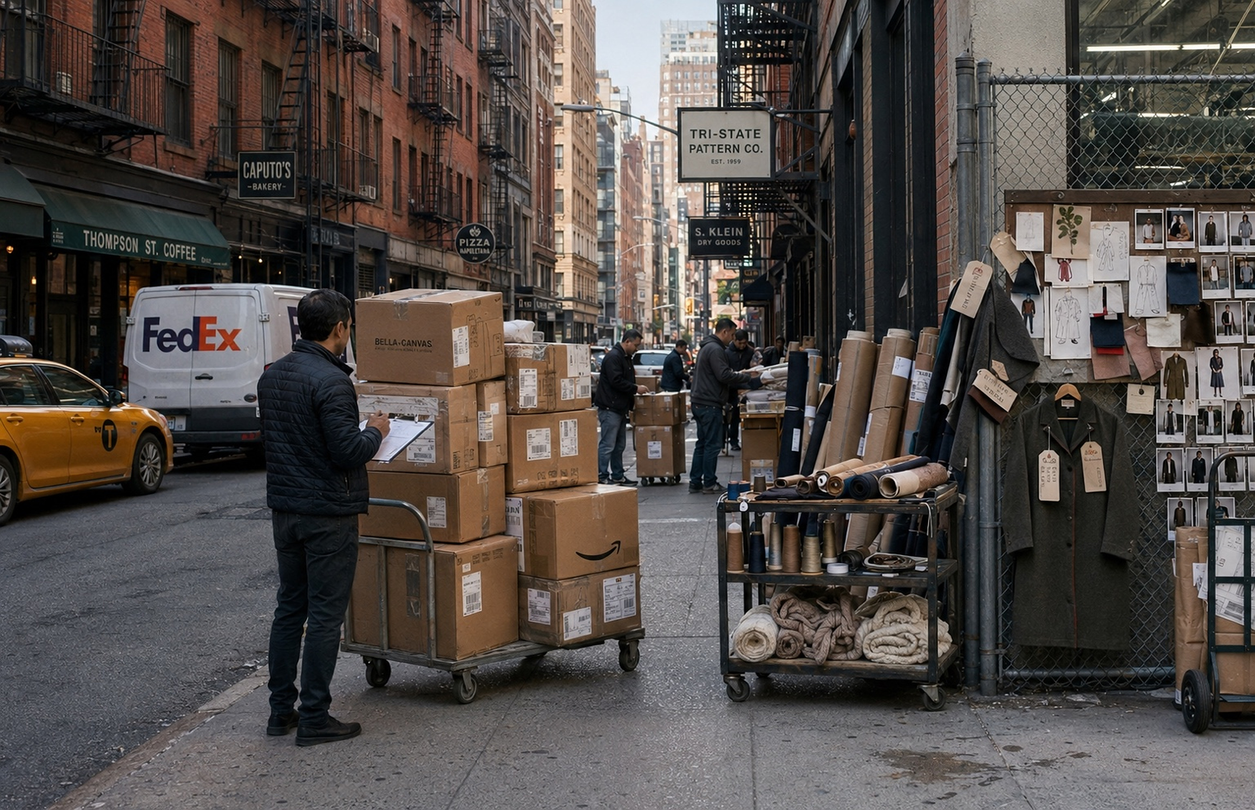 New York Garment District street with apparel components, samples and development activity