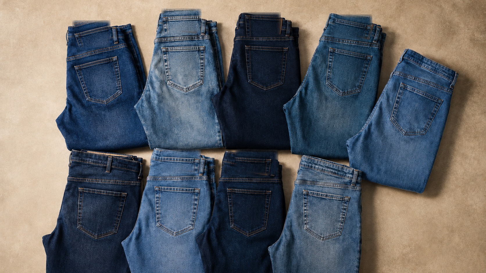 Folded denim jeans assortment across dark, medium and light washes