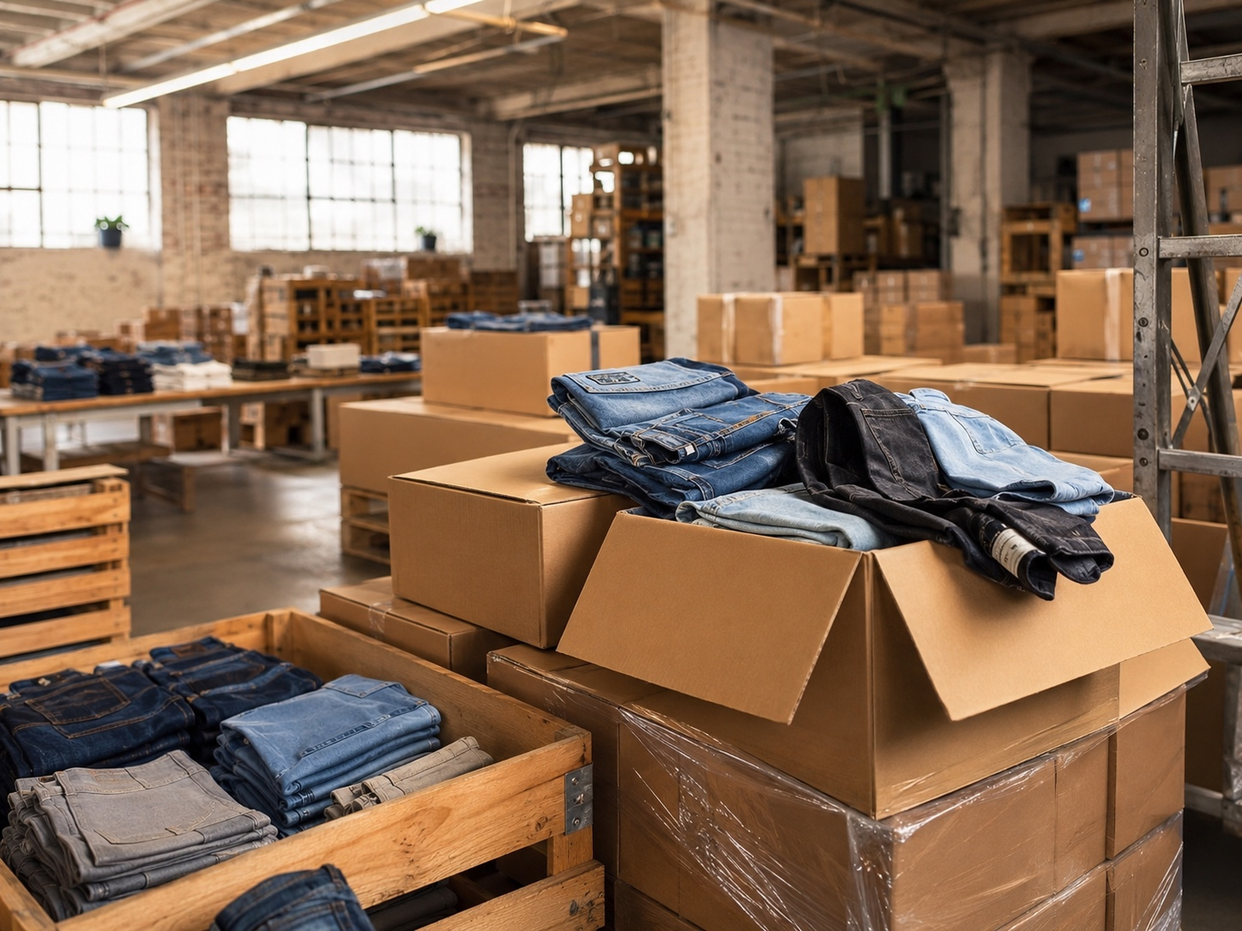 Apparel cartons and denim prepared for distribution