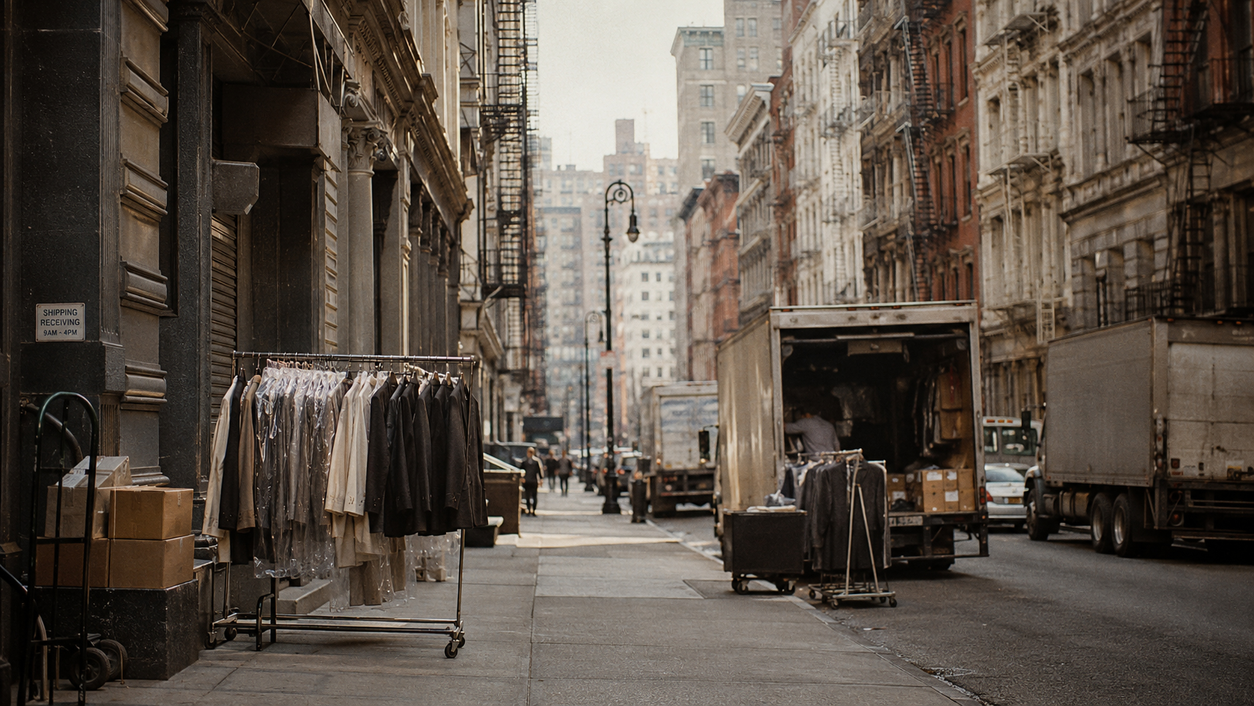 New York garment district street with apparel racks and delivery trucks